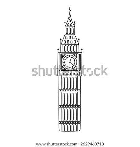 Lovely outline Big Ben clock tower as one of landmarks of London and United Kingdom. Trendy hand drawn symbol of capital of England. Travelling, sightseeing, learn English doodle isolated on white.