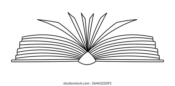 Lovely outline book lying and wide open 180 degrees with pages. Cute hand drawn academic textbook, dictionary, recreational literature. Library, bookstore, reading doodle isolated on background.