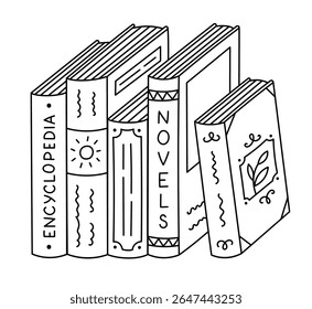 Lovely outline books in hardcover of different genres vertically standing. Funny literature, encyclopedia, novel with diverse book covers. Reading, studying, recreation doodle isolated on background.