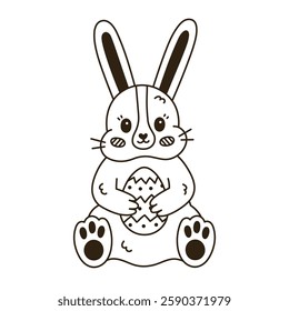 Lovely outline doodle Easter bunny with painted egg in the paws sitting and smiling. Hand drawn fluffy rabbit as sign of Easter egg hunt at religious holiday. Spring sticker for poster, card, design.