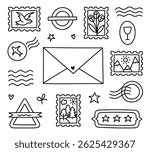 Lovely outline doodle postage stamp and mark set for airmail envelope, post office. Hand drawn imprint of rubber stamps, waves, airplane sign, stars, postmark with nature pictures isolated on white.