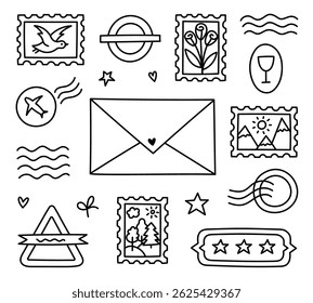 Lovely outline doodle postage stamp and mark set for airmail envelope, post office. Hand drawn imprint of rubber stamps, waves, airplane sign, stars, postmark with nature pictures isolated on white.