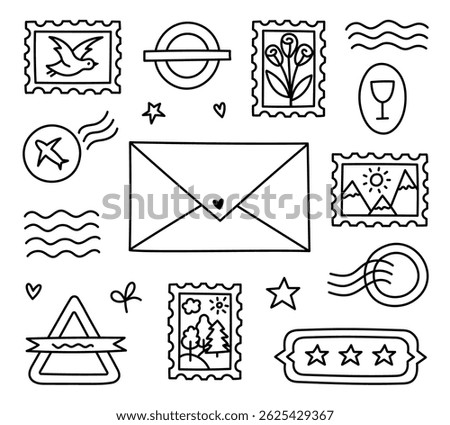 Lovely outline doodle postage stamp and mark set for airmail envelope, post office. Hand drawn imprint of rubber stamps, waves, airplane sign, stars, postmark with nature pictures isolated on white.