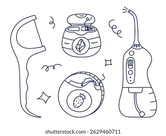 Lovely outline doodle set of dental floss and irrigator for gum care and interdental hygiene. Trendy hand drawn teeth strings in container, holder, electronic water flosser. Stomatology tool isolated.