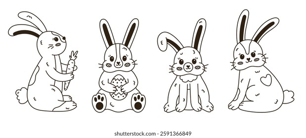 Lovely outline doodle set with Easter bunny in different poses, fur. Hand drawn rabbit holding Easter egg, standing with carrot, bent down ear, back view. Symbol of traditional springtime holiday.