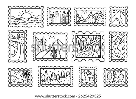 Lovely outline doodle set of retro postage stamp with picturesque scenery of seascape, desert, mountains, highway, cloudscape, skyscraper. Hand drawn mail post card stickers with peaceful picture.