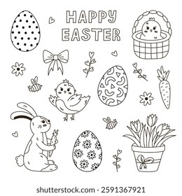 Lovely outline Easter set with bunny with carrot in paws, chick waving wings, ornate eggs with wavy stripes, polka dot, tulips, basket with baby chicken. Happy Easter egg hunt doodle collection.