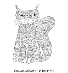 Lovely outline illustration with a cat. Perfect for coloring book or page for kids or adults. 