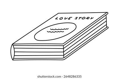 Adorável esboço de livro de história de amor deitado na superfície. Engraçado mão desenhada literatura romance sobre relacionamentos para o prazer de ler nas férias, relaxar, desfrutar. Biblioteca, livraria, rabiscar isolado no branco.