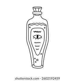 Lovely outline magic potion with liquid, all seeing eye on label, elegant lid. Hand drawn doodle witchcraft or alchemy elixir in glass vial, jar. Cute mystery and esoteric sign isolated on background.