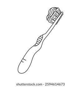 Lovely outline manual toothbrush with squeezed toothpaste on it. Cute hand drawn brush for teeth hygiene and everyday dental routine for kids and adults. Oral care doodle isolated on background.