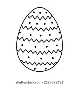 Lovely outline painted egg with zigzag horizontal lines and dots pattern for Easter egg hunt. Trendy hand drawn doodle for religious springtime holiday. Flat doodle isolated on white background.