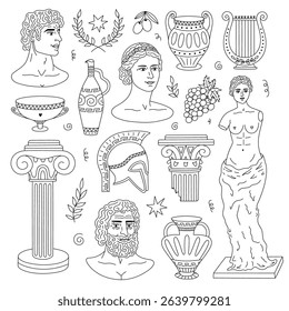 Lovely outline set of antique classical Greece symbols, marble human busts, aged vases and amphora, harp, laurel wreath. Hand drawn trendy doodle of Greek culture and mythology isolated on white.