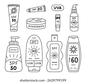 Lovely outline set with different tubes of sunblock. Cute hand drawn doodle cream, spray, lipstick, jar, lotion with SPF protection. Skincare cosmetic products for sun protection isolated on white.