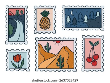 Lovely outline set of post stamp with picturesque scenery, pineapple, tulip. Vintage colored doodle travel postmark with desert, highway in woods, forest at nighttime. Mail labels isolated on white