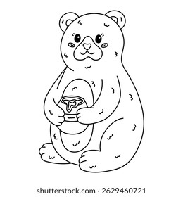 Lovely outline sitting bear with honey pot with dripping syrup. Joyful hand drawn wild animal character who love sweets. Cheerful teddy bear doodle holding honey jar isolated on white background.