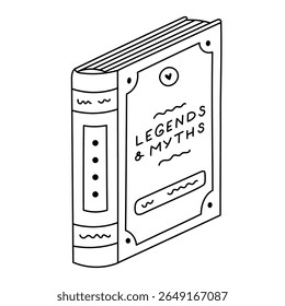 Lovely outline standing book with legends and myths with detailed cover. Hand drawn literature of mythology stories, fairy tales for kids learning, pastime, class. Library and reading doodle.