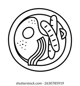 Lovely outline traditional English breakfast with fried eggs, bacon, grilled sausage, slice of tomato on plate top view. Childish hand drawn doodle of British diner serving isolated on background.