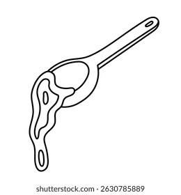 Lovely outline wooden spoon full of dripping honey. Childish hand drawn wood dipper with flowing sticky sweet syrup made by bees. Beekeeping, eco sweetener concept doodle isolated on background.
