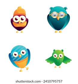 Lovely owl icons set cartoon vector. Funny little owl bird. Cartoon character