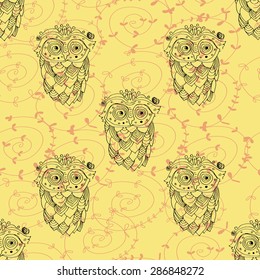Lovely Owl in vintage style on a yellow background. The pattern of leaves.