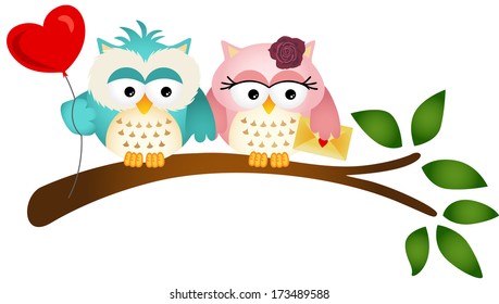 Lovely Owls with Balloon and Envelope