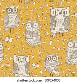 Lovely owls with butterflies in vector. Stylish vintage background in yellow and white colors. Seamless pattern can be used for wallpapers, pattern fills, web page backgrounds, surface textures