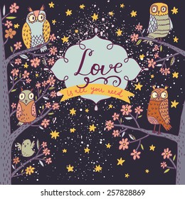 Lovely owls on branch in night flowers. Romantic concept background. Bright illustration, can be used as invitation card. Love is all you need - vector summer wallpaper