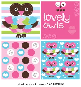 lovely owls and pattern vector illustration