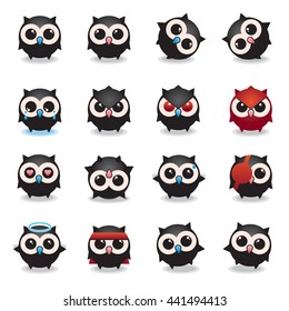 Lovely owls, owls set of round, smiley, cheerful icons, images for children