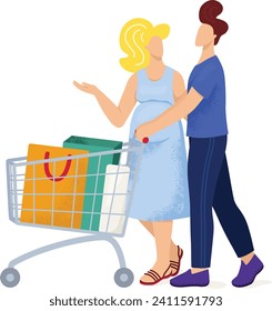 Lovely pair husband male and female wife walk supermarket trolley, mall shopping pregnant woman flat vector illustration, isolated on white. Married couple in love stroll, buying thing clothes.