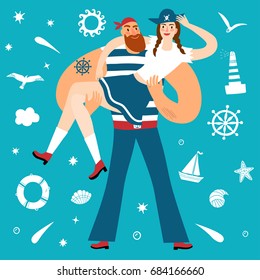 Lovely pair of pirates with decorative elements on background, such as seagull, lighthouse, wheel, ship, cloud, shell,sun, stars. Cartoon illustration for your design.