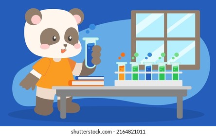 Lovely panda Chemist experimenting with liquids in a lab, animal cartoon style, vector illustration