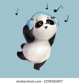 Lovely panda listening to music.Hand drawn illustration of cute panda wearing headphones