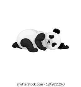 Lovely panda lying on the ground. Black and white bamboo bear. Tropical mammal animal. Flat vector icon