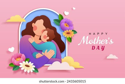 Lovely paper art Mothers Day card. Mom and baby on light pink background with flowers.