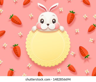 Lovely paper art rabbit and carrot elements on pink background