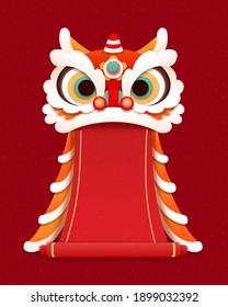 Lovely Papercut Lion Dance Design Element With Blank Red Scroll