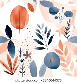 Lovely Pastel Beige French Grey Brown Terra Colorful Leaf Fern Flower Garden Abstract Watercolor Scandinavian Design Seamless Pattern Wallpaper Curtain Bedding Background Vector
