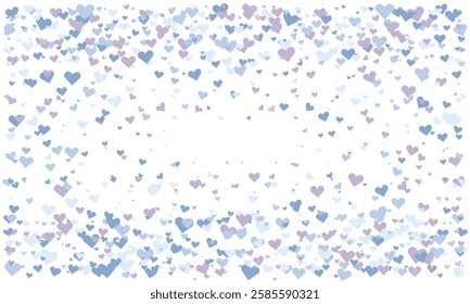 Lovely pastel blue and purple hearts scattered on a white background create a romantic, celebratory atmosphere.