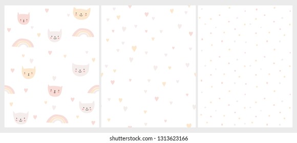 Lovely Pastel Colors Nursery Vector Patterns. Cute Smiling Cats on a White Background.Hearts and Rainbows Among Kitties.Pink, Yellow and Gray Hearts Pattern.Bright Irregular Dotted Layout.Nursery Art.