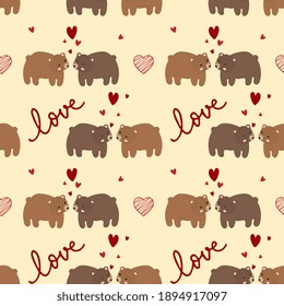 Lovely pattern with bears and hearts. Vector holiday background. Valentine's Day. Gift wrap, print, cloth, cute background for a card.