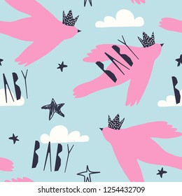 Lovely pattern with birds for kids. Vector illustration. Scandinavian style pattern template for fabric, wrapping, 