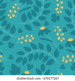 Lovely pattern with currant twigs, clover leaves and daisies.