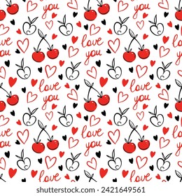 Patrón adorable con corazones, cerezas y amor, texto para envolver papel, regalos, diseño textil. Diseño de patrones sin fisuras vectoriales para expresar sentimientos.