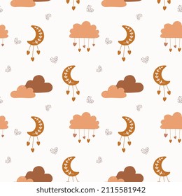 Lovely pattern with hearts, clouds, moon. Vector holiday background. Valentine's Day. Gift wrap, print, cloth, cute background for a card.
