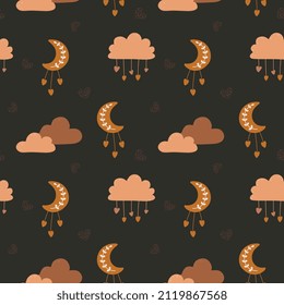 Lovely pattern with hearts, clouds, moon. Vector holiday background. Valentine's Day. Gift wrap, print, cloth, cute background for a card.