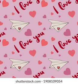 Schönes Muster mit Herz- und Papierfliegern. Valentinstag. Hintergrund für Tapete, Design, Umhüllungspapier, Poster.