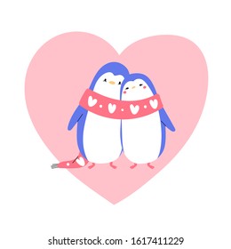 Lovely penguin couple hugging each other, standing in front of heart sign, celebrating Valentine's Day