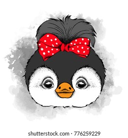 Lovely penguin girl with bow on head. Vector illustration